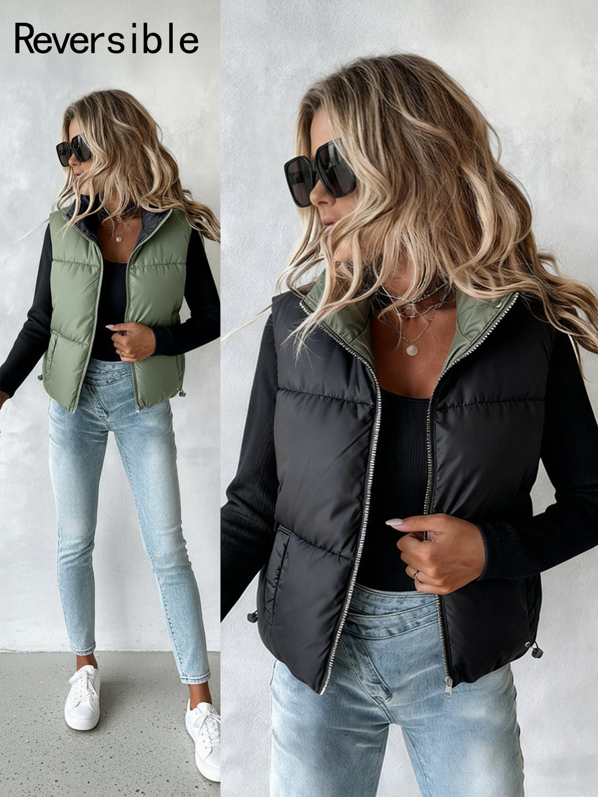 Stand Collar Sleeveless Zip Up Drawstring Hem Vest Casual Two-Way Reversible Ladies Warm Winter Padded Coat