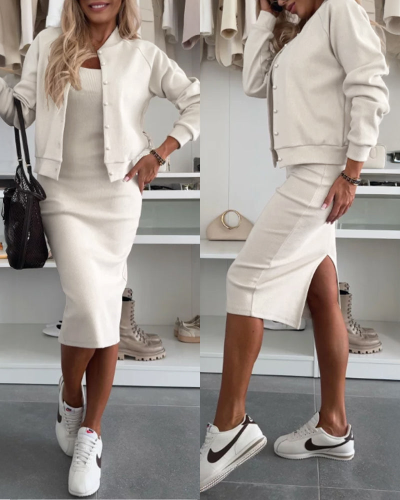 2 Pieces Outfit U-Neck Slit Back Slim Fit Knit Tank Dress and Pearl Button Front Baseball Coat Casual Ribbed Set