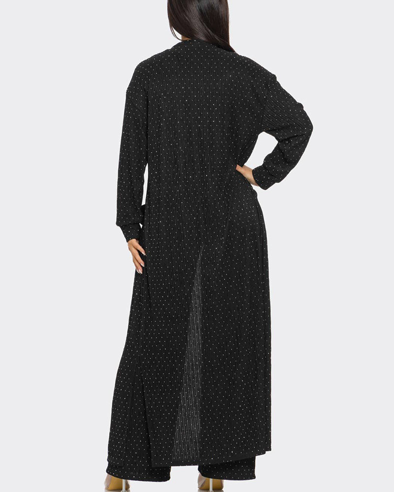 3 Pieces Outfits Cozy Comfort Glitter Long Sleeve Longline Coat and Cropped Ribbed Knit Tank Wide Leg Pants Set