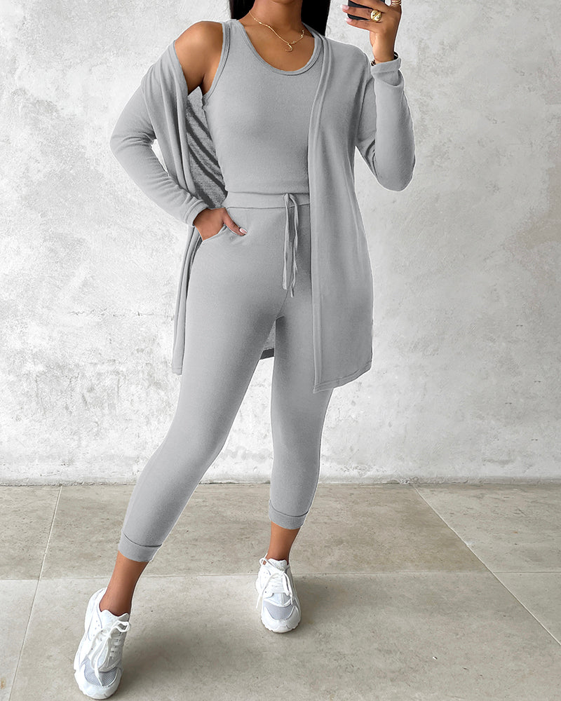3 Piece Lounge Set Crewneck Sleeveless Tank Top Long Sleeve Open Front Coat Pants Sweatsuit