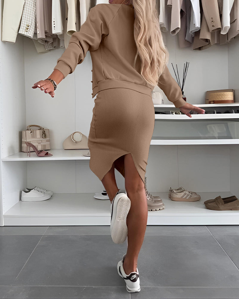 2 Pieces Outfit U-Neck Slit Back Slim Fit Knit Tank Dress and Pearl Button Front Baseball Coat Casual Ribbed Set