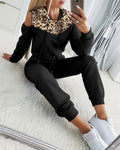 2 Pieces Outfit Sequin Decor Leopard Print Spliced Cold Shoulder Long Sleeve Drawstring Hoodie Sweatshirt and Casual Drawstring Elastic Waist Jogger Sweatpants Set