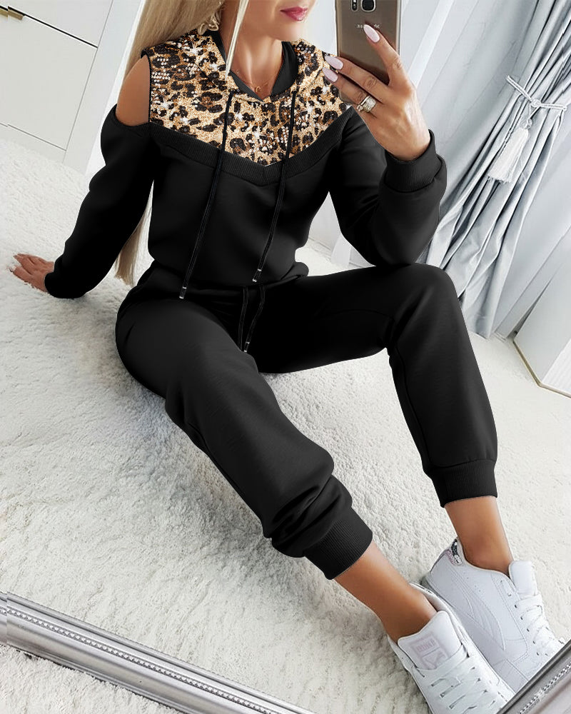 2 Pieces Outfit Sequin Decor Leopard Print Spliced Cold Shoulder Long Sleeve Drawstring Hoodie Sweatshirt and Casual Drawstring Elastic Waist Jogger Sweatpants Set