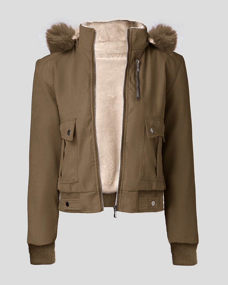 Flauschige Jacke mit Kapuze, Reißverschluss, Fleecefutter und Taschen