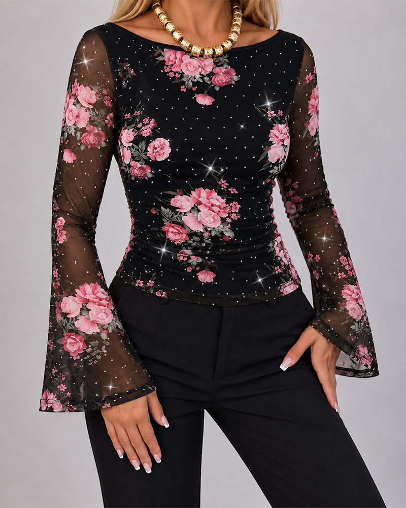 Women's Floral Rhinestone Sheer Mesh Boat Neck Ruched Flare Sleeve Top