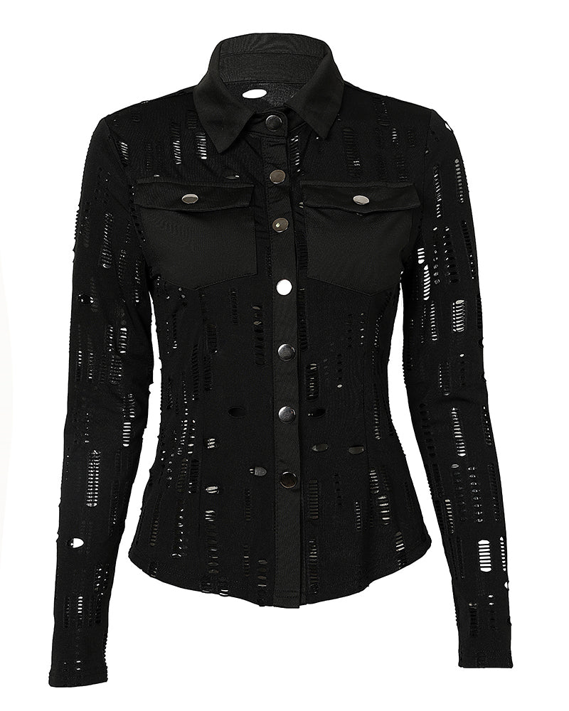 Turn-down Collar Hollow Out Button Down Shirt Top