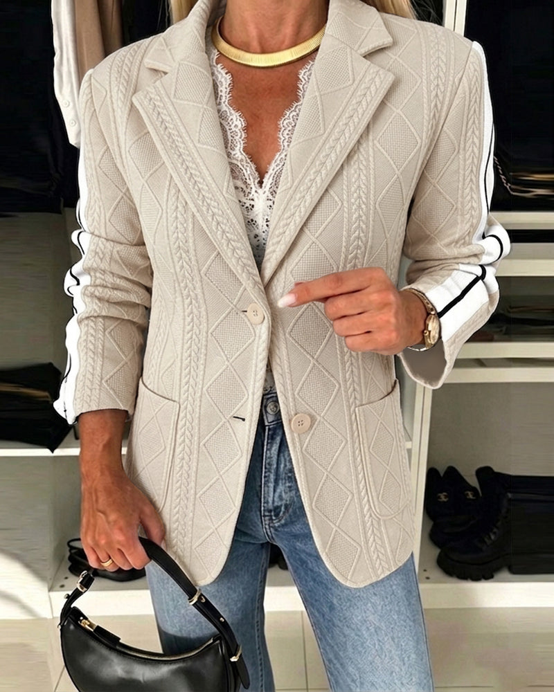 Lässiger Damen-Strickblazer mit Argyle-Zopfmuster-Jacquard, kontrastierendem Seitenstreifen, lockerer Passform und einreihiger Knopfleiste