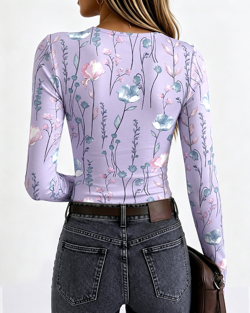 Women's Floral Print Slim Fit Crewneck Long Sleeve Top with Thumbholes