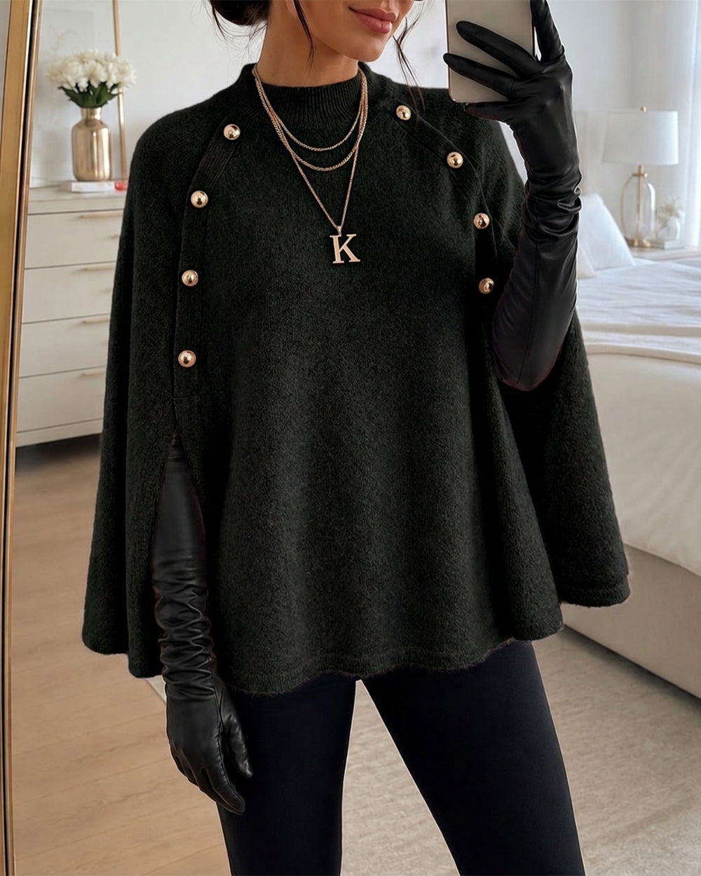 Women's Mock Neck Cape Knit Sweater Loose Old Money Style Pullover Side Slit Batwing Sleeve Winter Warm Cozy Top