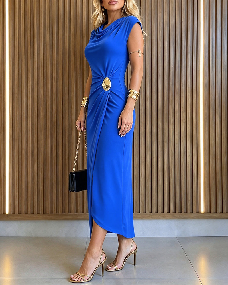 Women's Cowl Neck Cap Sleeve Gold Buckle Ruched Slim Fit Dress Wrapped Slit Midi Dress