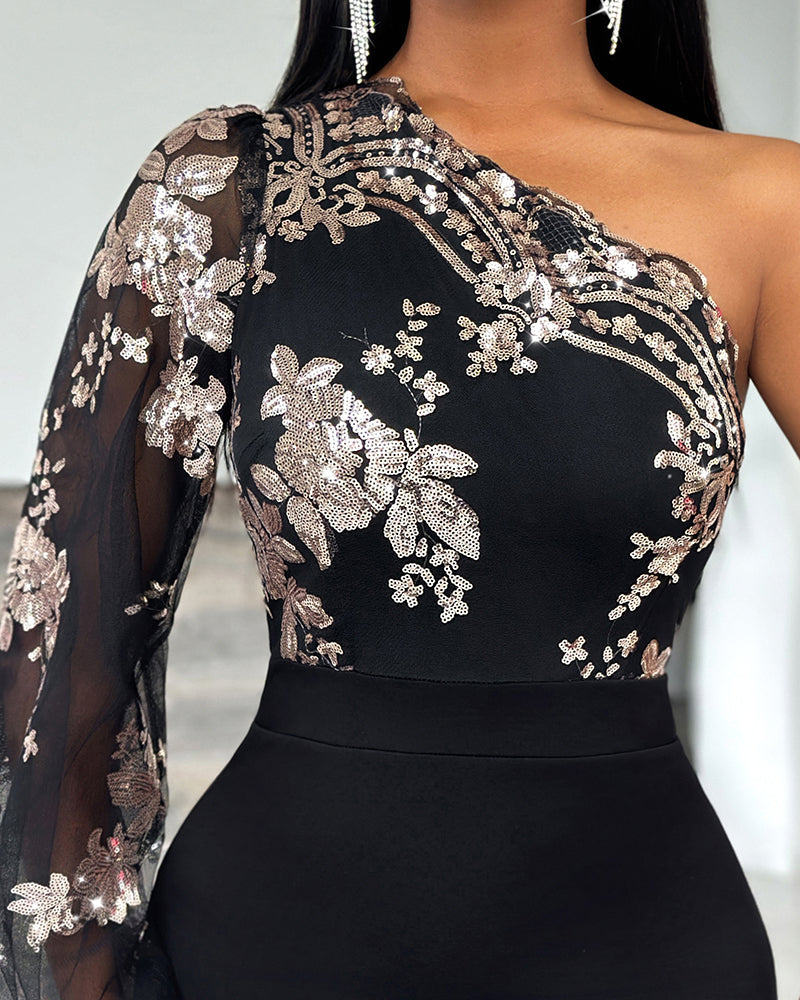 Floral Pattern Contrast Sequin One Shoulder Bodycon Dress