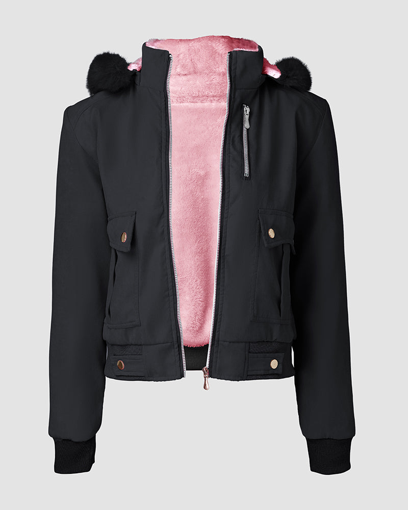 Flauschige Jacke mit Kapuze, Reißverschluss, Fleecefutter und Taschen
