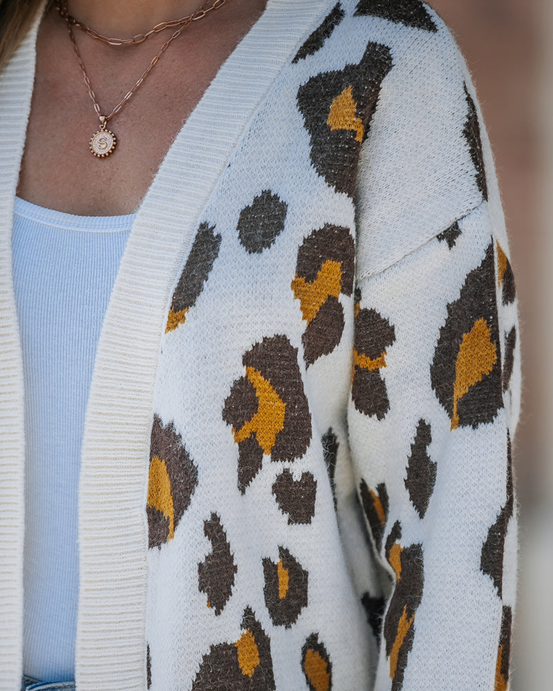Women's Leopard Pattern Open Front Mid-length Knit Cardigan Sweater Coat