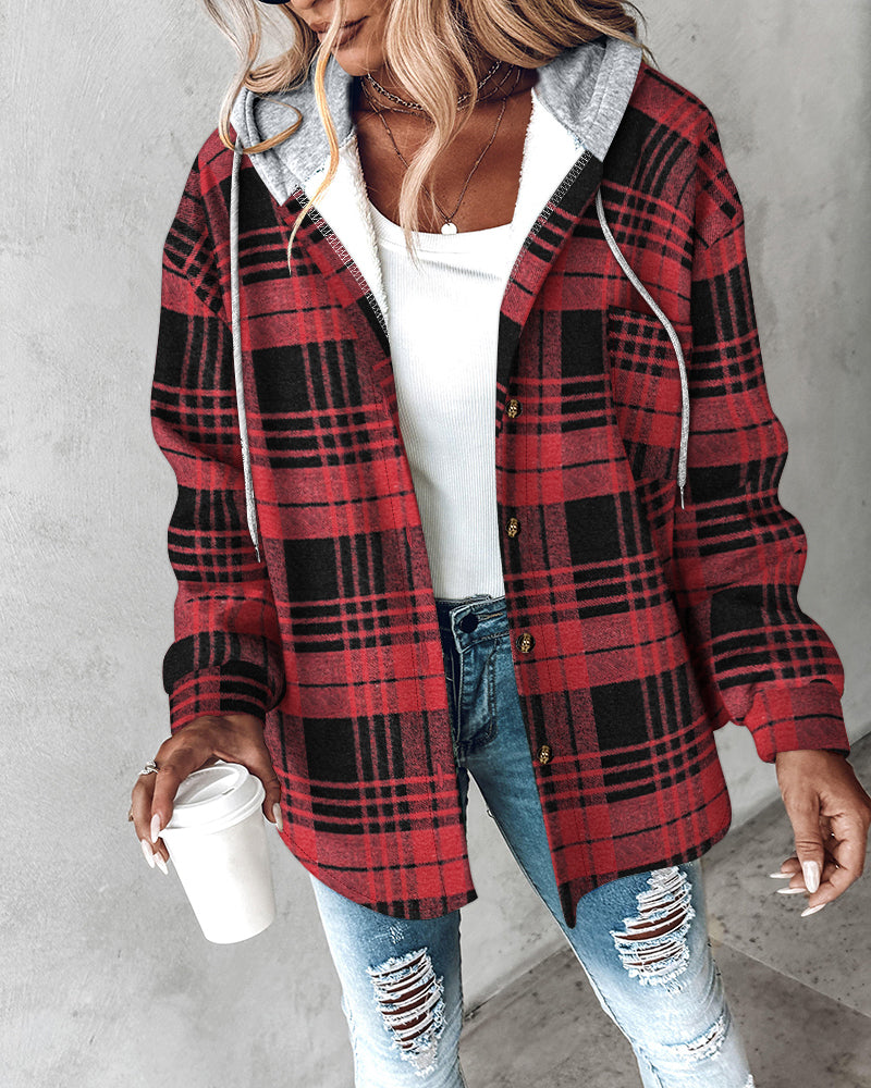 Plaid Print Button Front Pocket Design Drawstring Hoodie Jacket Casual Asymmetrical Hem Thermal Lined Warm Coat