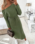 Women's Skew Neck Slit Sweatshirt Dress Casual Long Sleeve Drawstring Waist Midi Dress