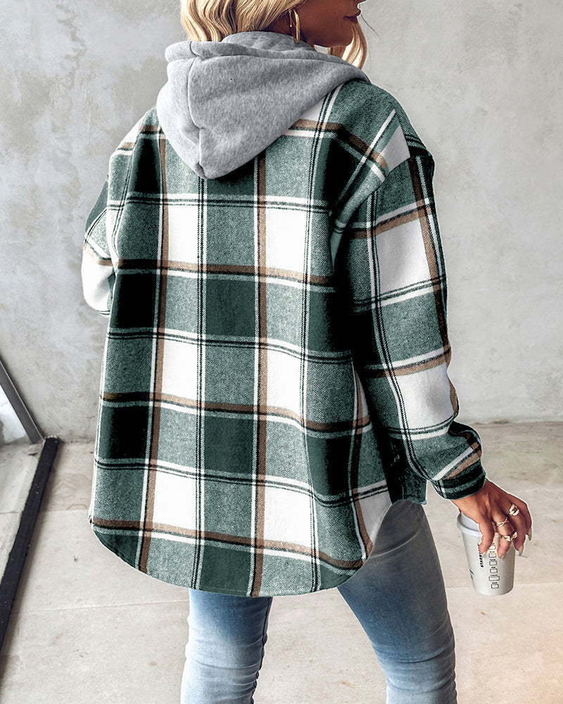 Karierte Langarm-Hemdjacke mit Knopfleiste, fleecegefütterte Kapuzenjacke, warmer Mantel