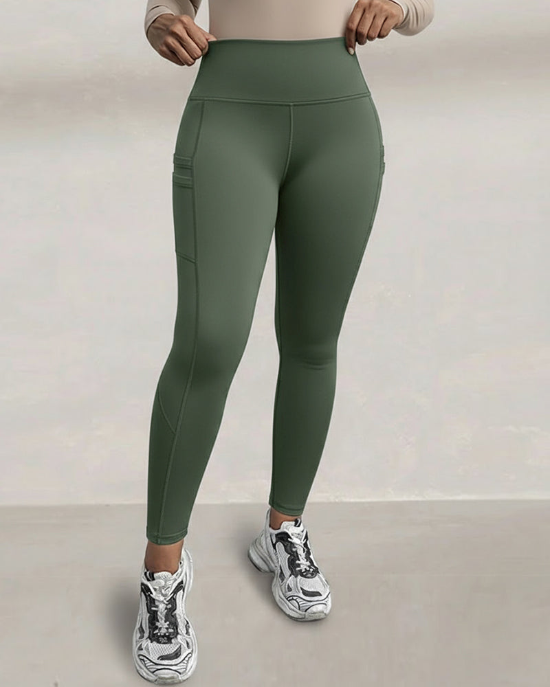 Winter Warme High-Waisted Sport-Leggings mit Bauch-weg-Effekt, Po-Lifting, ultraweich, thermogefüttert, Yoga-Hose, Damen-Sportbekleidung mit seitlichen Eingrifftaschen