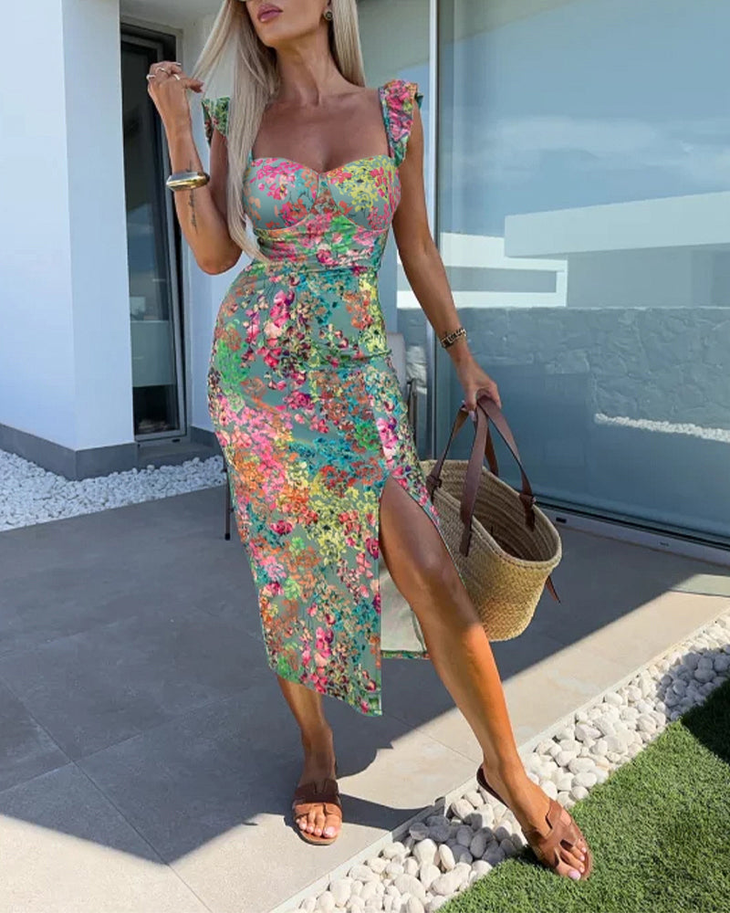 Blumenkleid mit herzförmigem Ausschnitt, mittellang, mit Flatterärmeln, hohem Schlitz und figurbetontem Schnitt für den Sommerurlaub