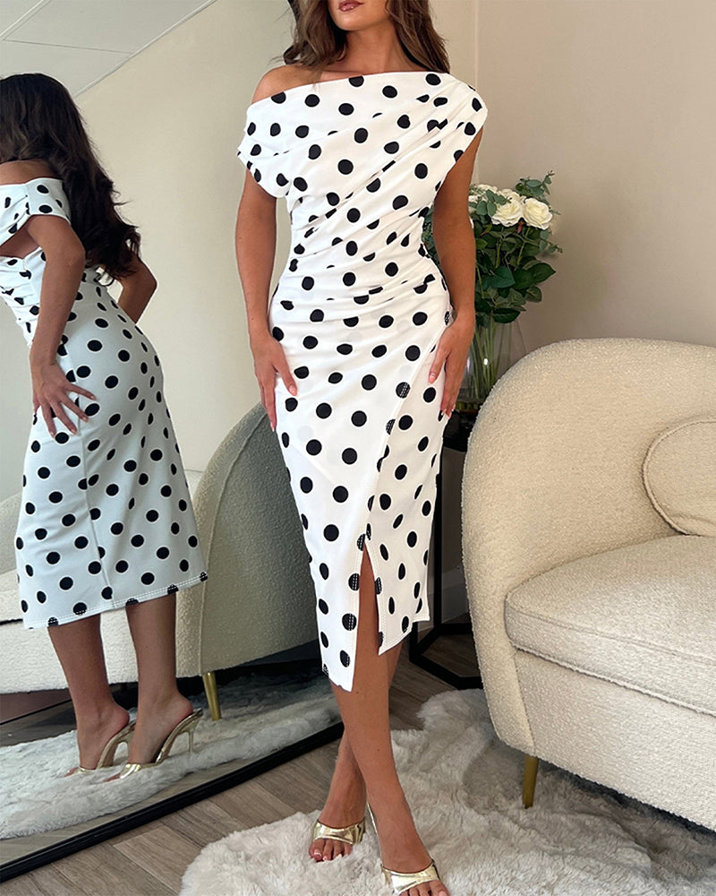 Midikleid mit Polka-Dot-Muster, schrägem Ausschnitt und Raffung, elegantes Wickelkleid mit Schlitz