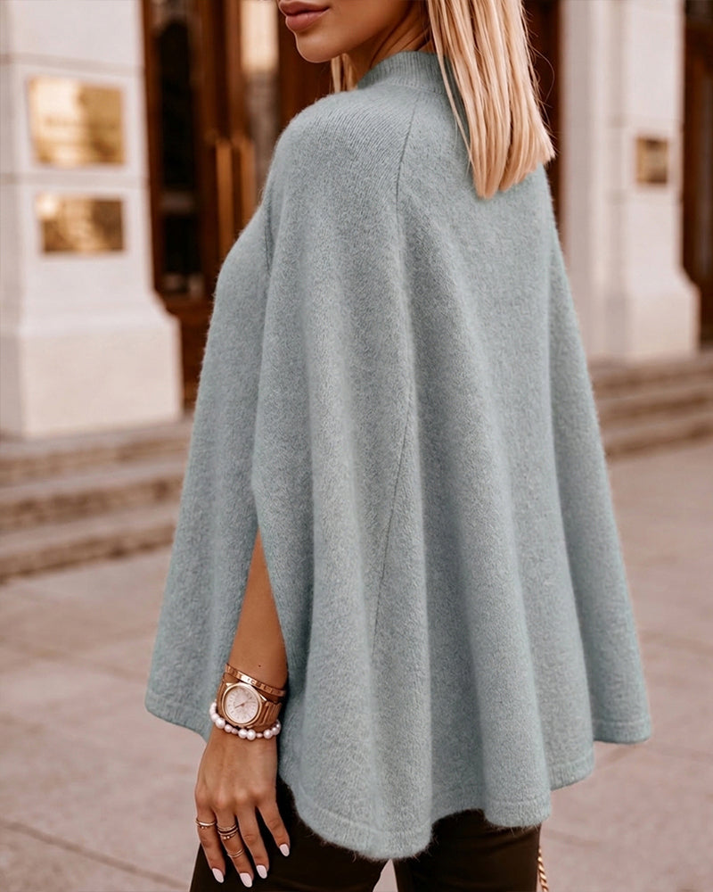 Women's Mock Neck Cape Knit Sweater Loose Old Money Style Pullover Side Slit Batwing Sleeve Winter Warm Cozy Top