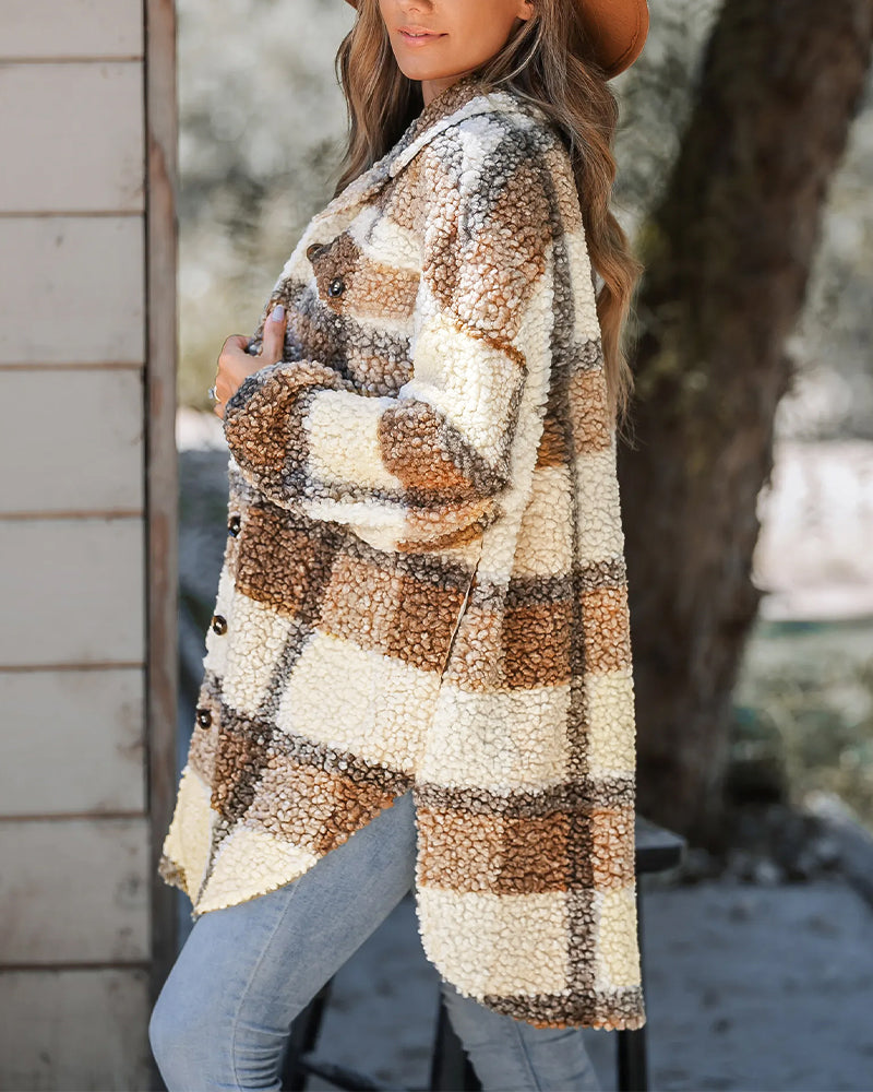 Damen-Shacket aus kariertem Fleece mit Revers, durchgehender Knopfleiste, mittellang und oversized