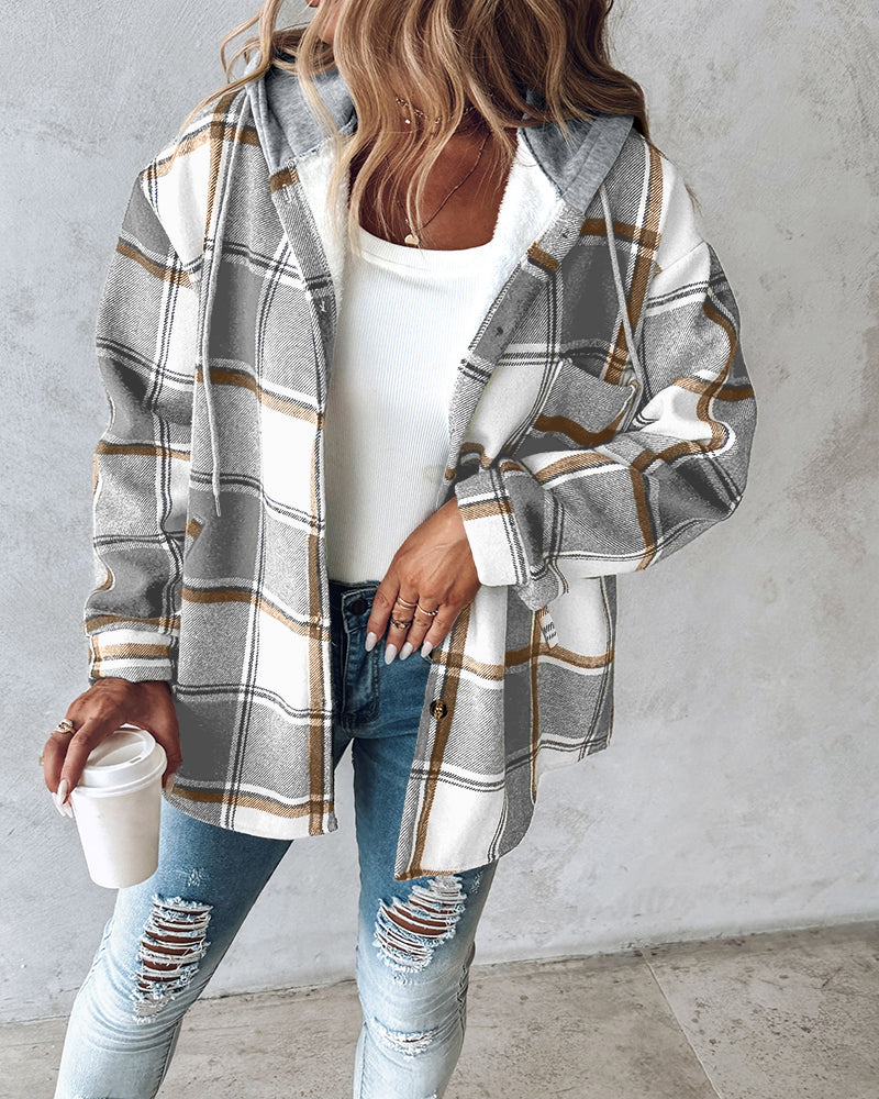 Karierte Langarm-Hemdjacke mit Knopfleiste, fleecegefütterte Kapuzenjacke, warmer Mantel