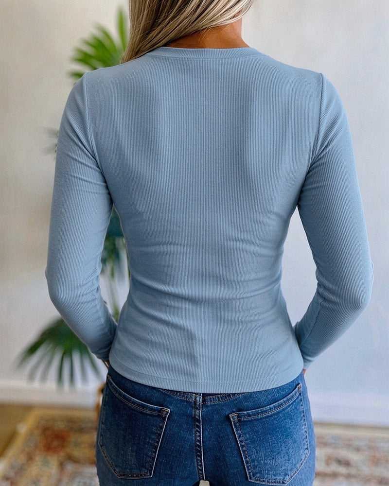 Women's Pearl Rhinestone Hollow-out Long Sleeve Ribbed Fitted Top