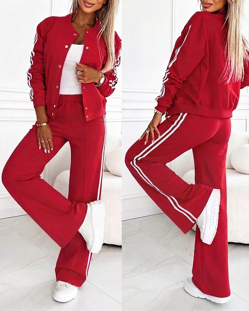 Damen 2-Teiler Baseballjacke und weite Hose Set Lässiger Trainingsanzug mit Kontraststreifen an der Seite
