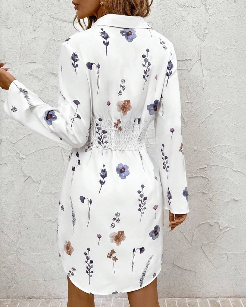 Watercolor Floral Print Turn-down Collar Turn-Up Sleeves Shirred Back Shirt Dress Casual Button Down Cinched Waist Asymmetrical Hem Vacation Dress