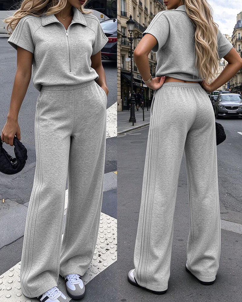 Women's Half-Zip Short Sleeve High Waist Wide Leg Casual Jumpsuit with Pockets