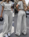 Women's Half-Zip Short Sleeve High Waist Wide Leg Casual Jumpsuit with Pockets
