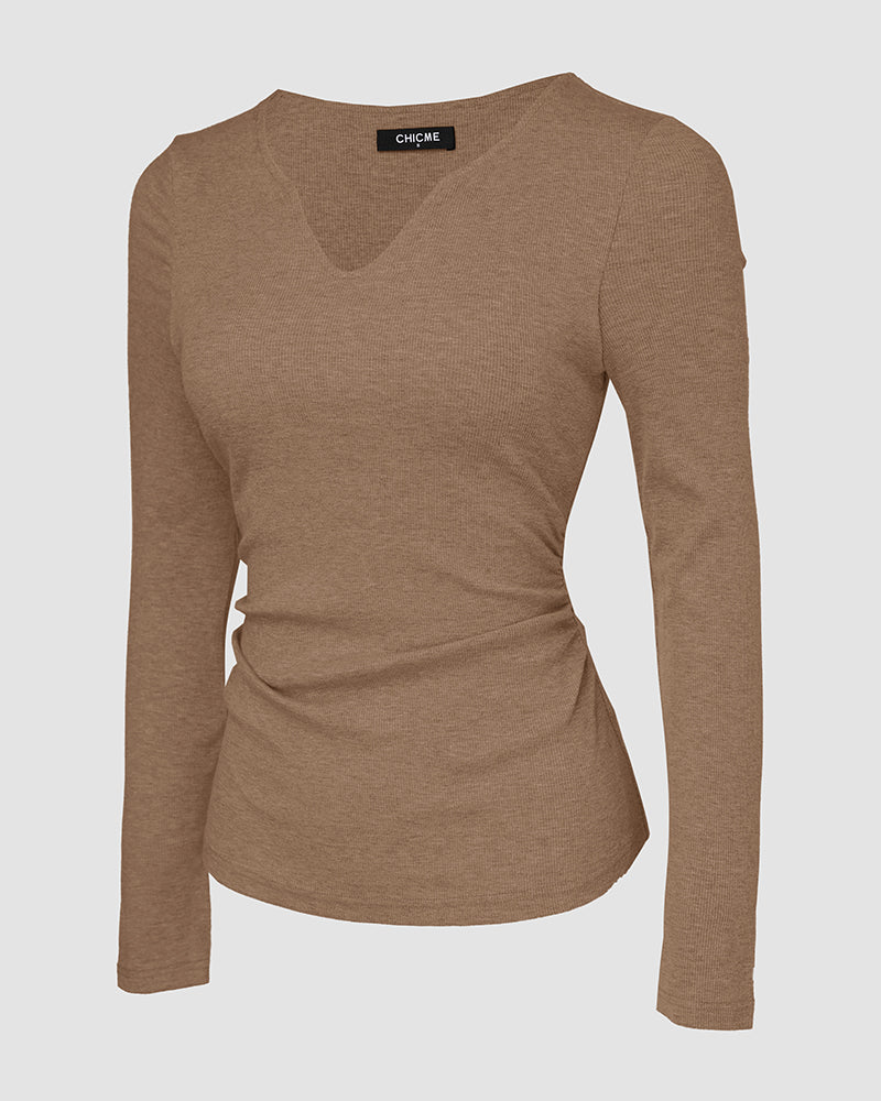 Chicme Built In Bra Notch Neck Long Sleeve Shirts Rib Knit Ruched Waist Top