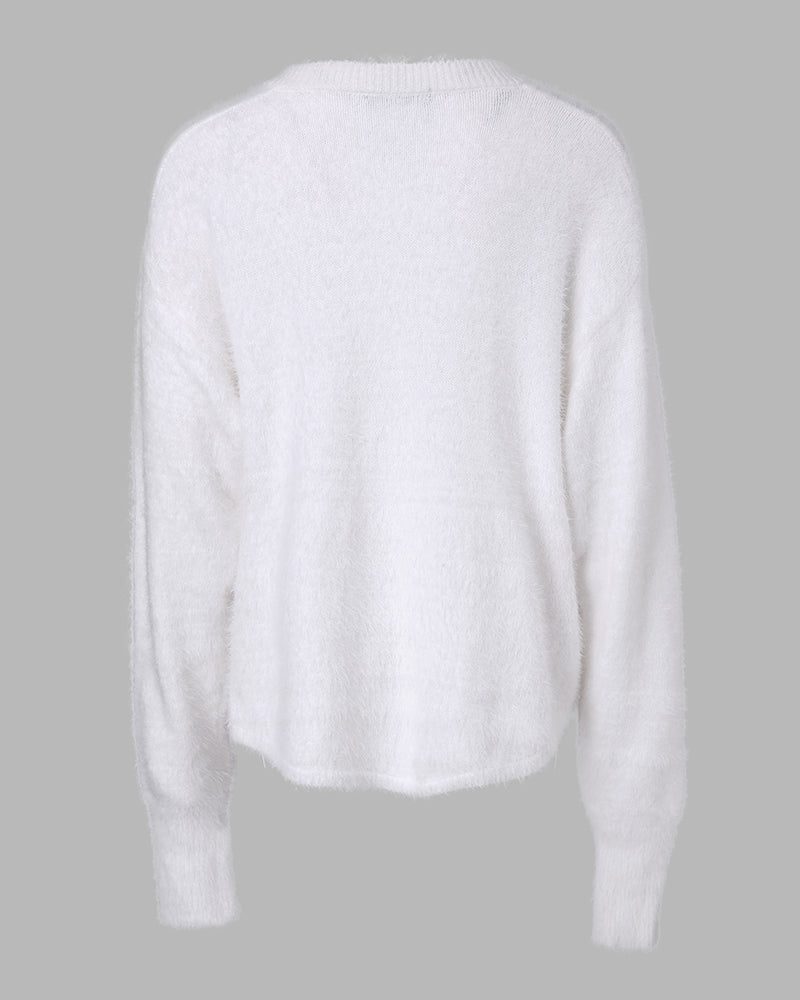 V-Neck Long Sleeve Beaded Decor Oversized Sweater Fluffy Pullover Top