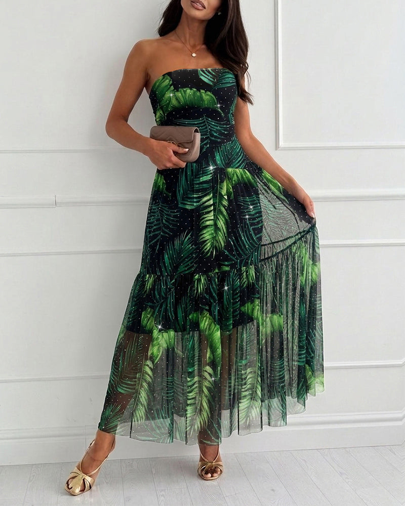 Maxikleid für Damen mit tropischem Blattmuster, sexy, transparentes Mesh, mit Strasssteinen besetzt, gerafft, langes Kleid mit abnehmbaren transparenten Trägern