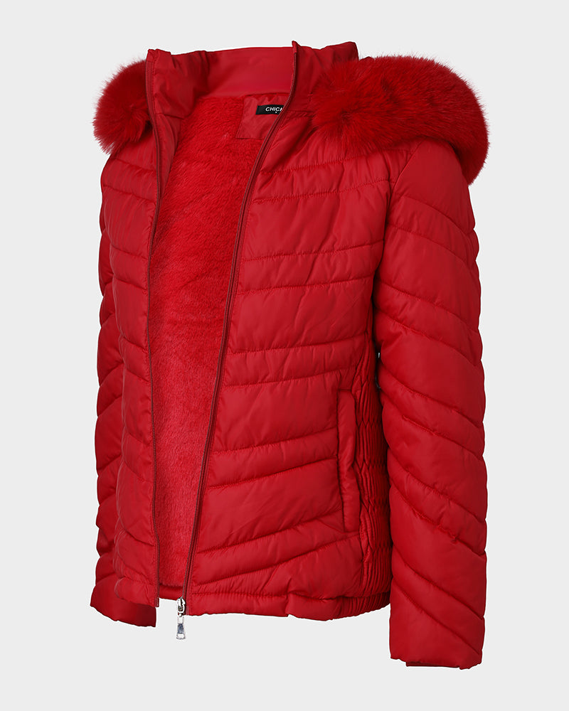 Zipper Pocket Design Shirred Fuzzy Trim Fleece Lined Hooded Puffer Jacket