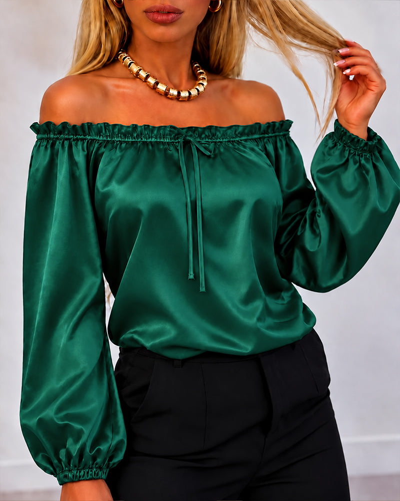 Women's Off Shoulder Satin Frill Trim Tie Front Lantern Sleeve Top