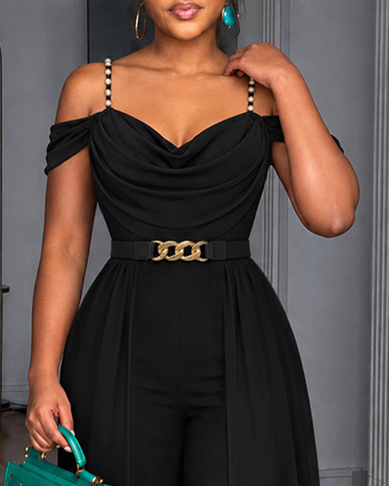 Women's Pearls Decor Adjustable Straps Cold Shoulder Overalls Cowl Neck High Waist Jumpsuit with Belt