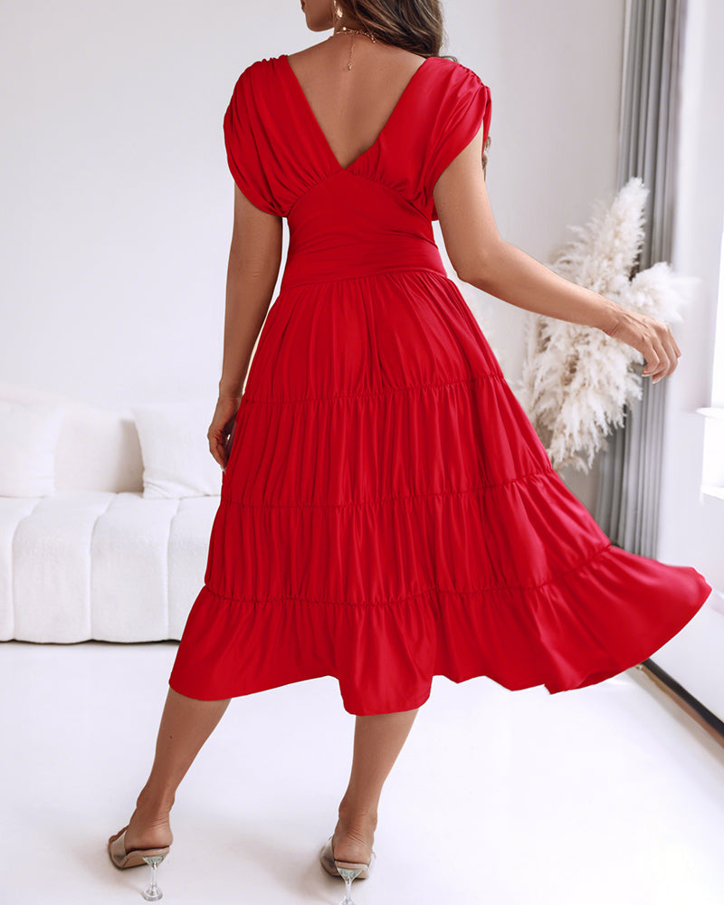 Women's Deep V-Neck Backless High Waist Ruched Ruffle Midi Dress