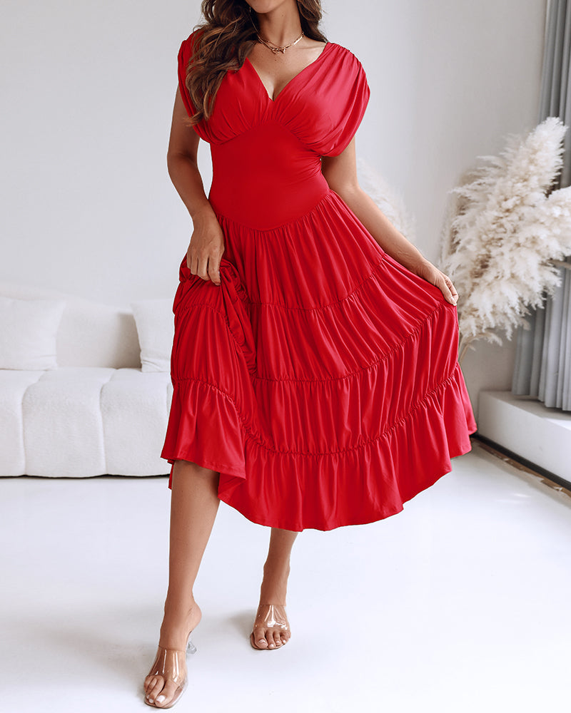 Women's Deep V-Neck Backless High Waist Ruched Ruffle Midi Dress
