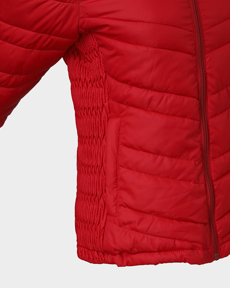 Zipper Pocket Design Shirred Fuzzy Trim Fleece Lined Hooded Puffer Jacket