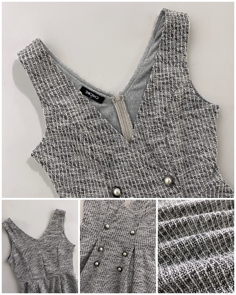 V-Neck Sleeveless Double Breasted Decor A Line Party Dress Causal Ziper Back Peplum Hem Commuting Dress
