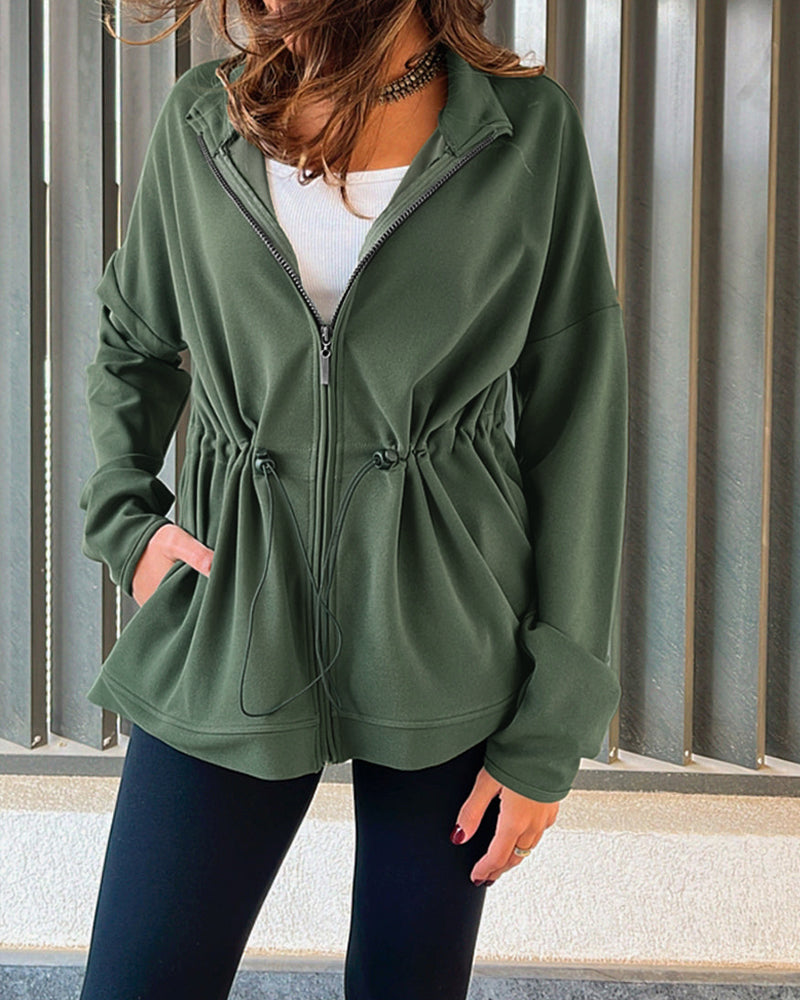 Locker geschnittene Kapuzenjacke mit langem Arm, Kordelzug in der Taille und Taschen