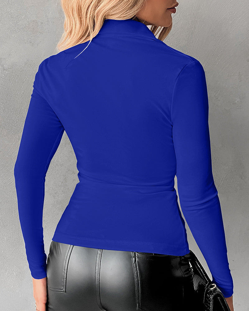 Long Sleeve Button Down Shirt Collar Neck Ruched Fitted Top