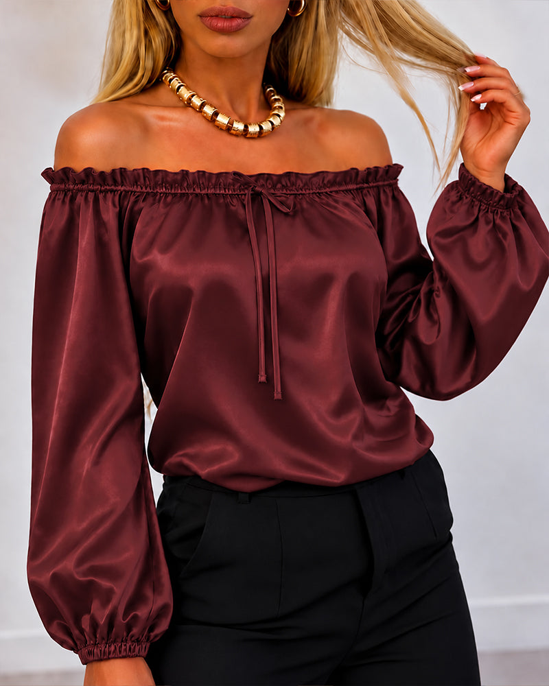 Women's Off Shoulder Satin Frill Trim Tie Front Lantern Sleeve Top