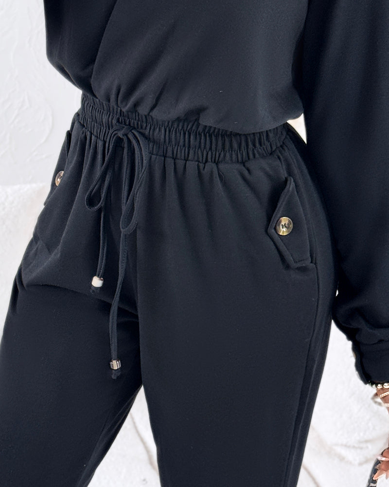 Turn-down Collar Overlap V-Neck Drawstring Stretchy Waist Jumpsuit Casual Flap Pockets Design Jumpsuit