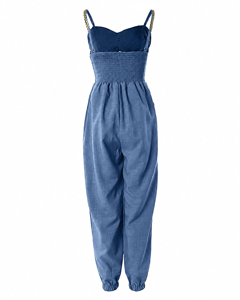 Women's Chain Strap Jumpsuit Hollow Out Shirred Waist Overalls Casual Jogger Jumpsuit with Pockets