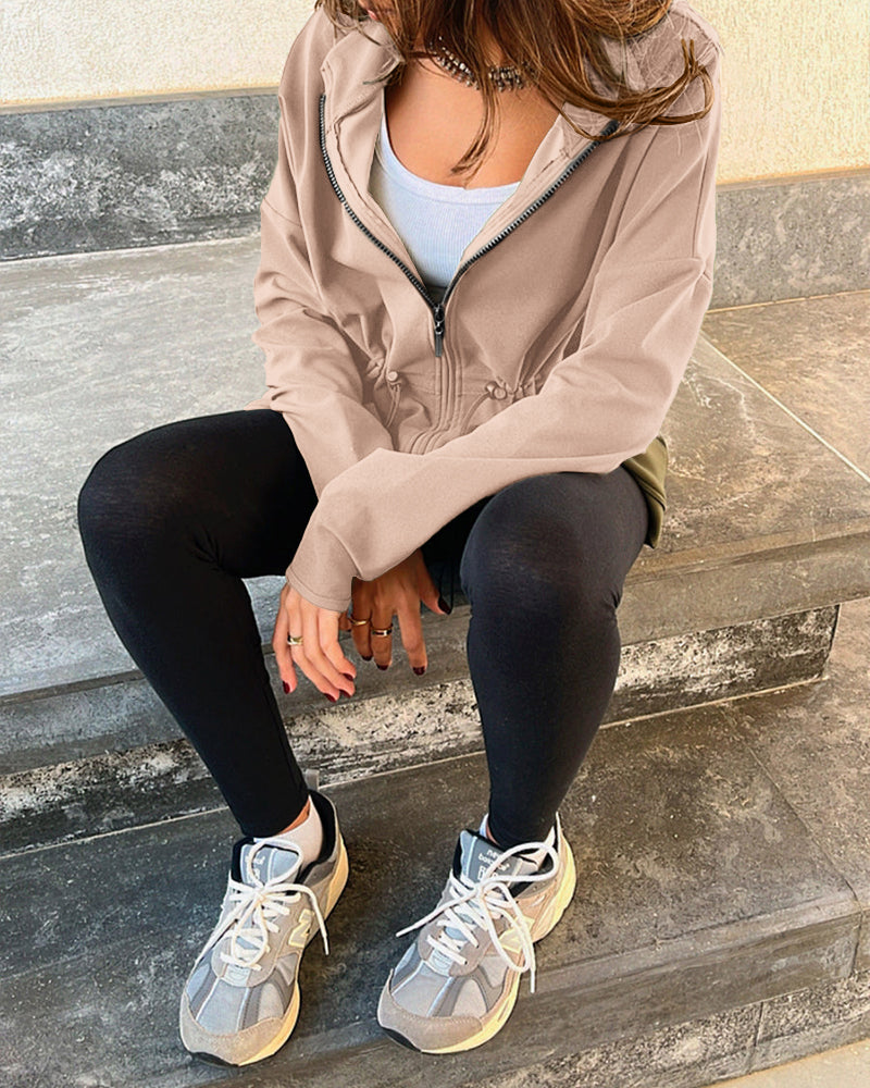 Long Sleeve Waist Drawstring Hooded Coat Casual Loose Fit Cardigan Jacket with Pockets