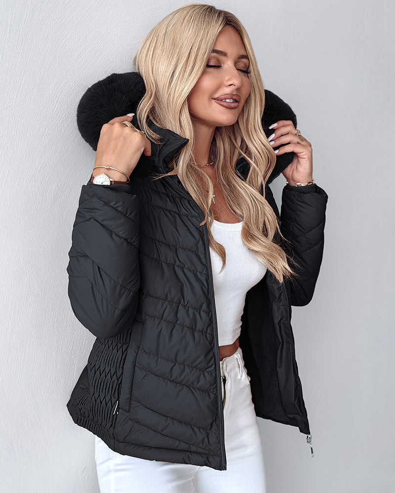 Zipper Pocket Design Shirred Fuzzy Trim Fleece Lined Hooded Puffer Jacket