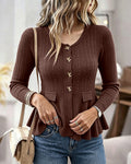 Women's Peplum Ruffle Hem Cardigan Cable Knit Slim Fit Sweater V Neck Gold Bow Button Down Top