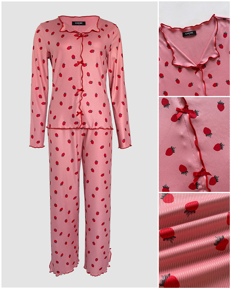 2 Pieces Outfit Bowknot Decor Turn-down Collar V-Neck Top and Elastic Waist Slit Hem Pants Set Casual Strawberry Print Frill Trim Ribbed Pajamas Set